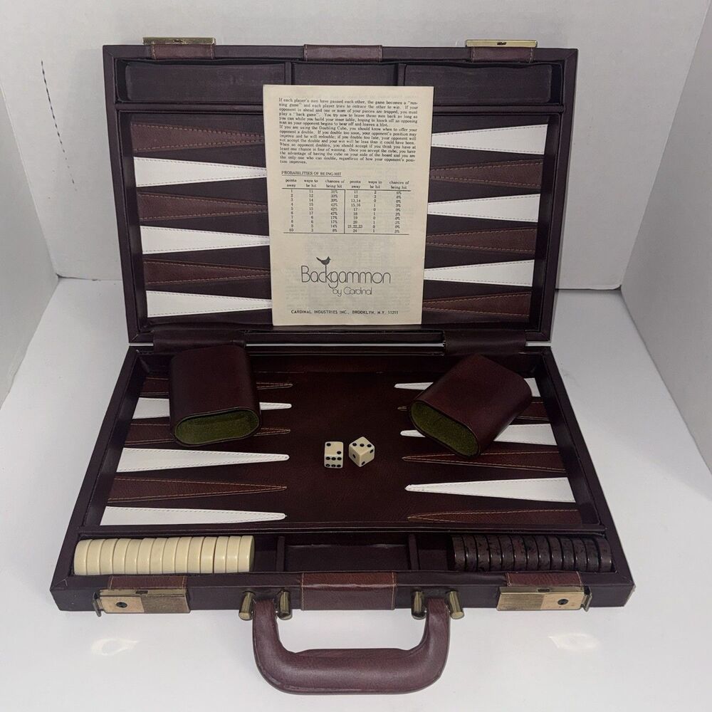 Vintage Cardinal Backgammon Set Briefcase Brown White 20” Dice Cups Incomplete
